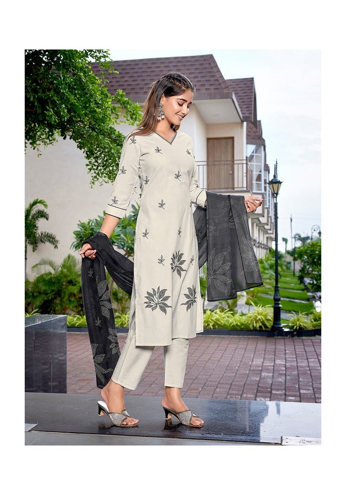 Malishka Export Cream Cotton Embroidered Kurta Pant With Dupatta for Women - Image 3